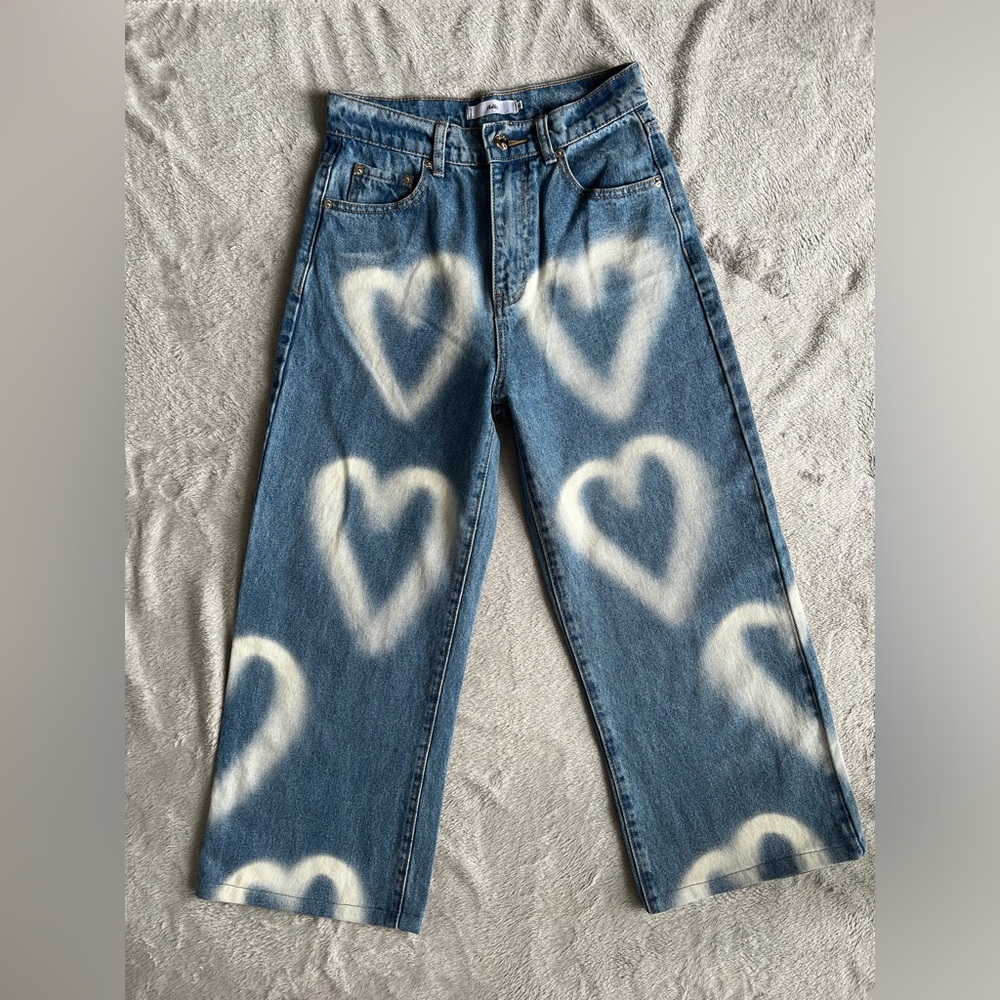 Adika Heart Print Jeans Blue High Waist Straight Leg Size S
